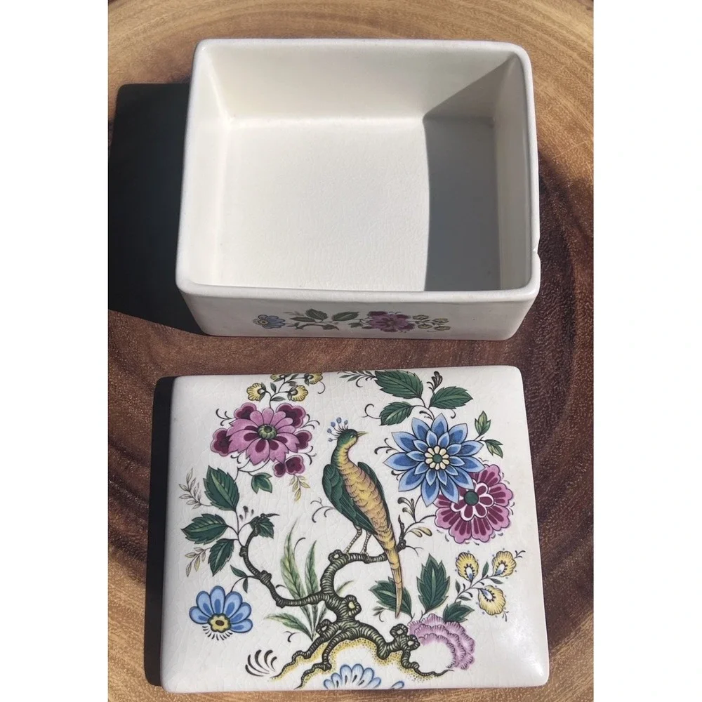 Vintage Purbeck Ceramics Swanage England Trinket Box Peacock Floral Chinoiserie
